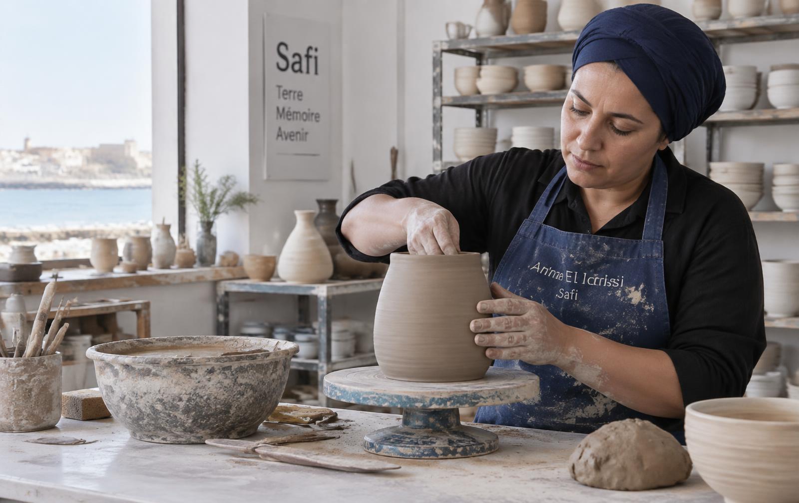 Amina El Idrissi façonne une pièce en céramique dans son atelier à Safi